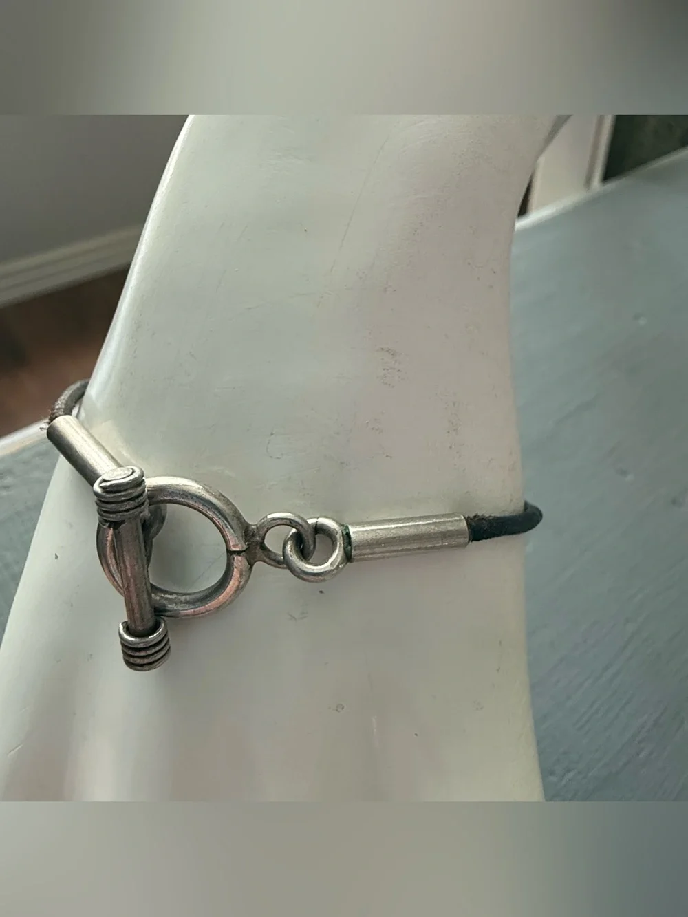 925 Sterling Silver Toggle Black Leather Bracelet